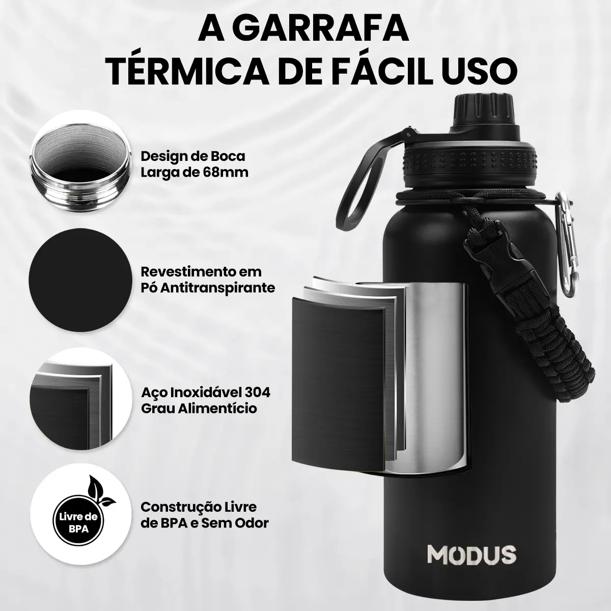 Modus Garrafa Térmica Inox 950ml Água Quente e Fria Preta - Imagem 6